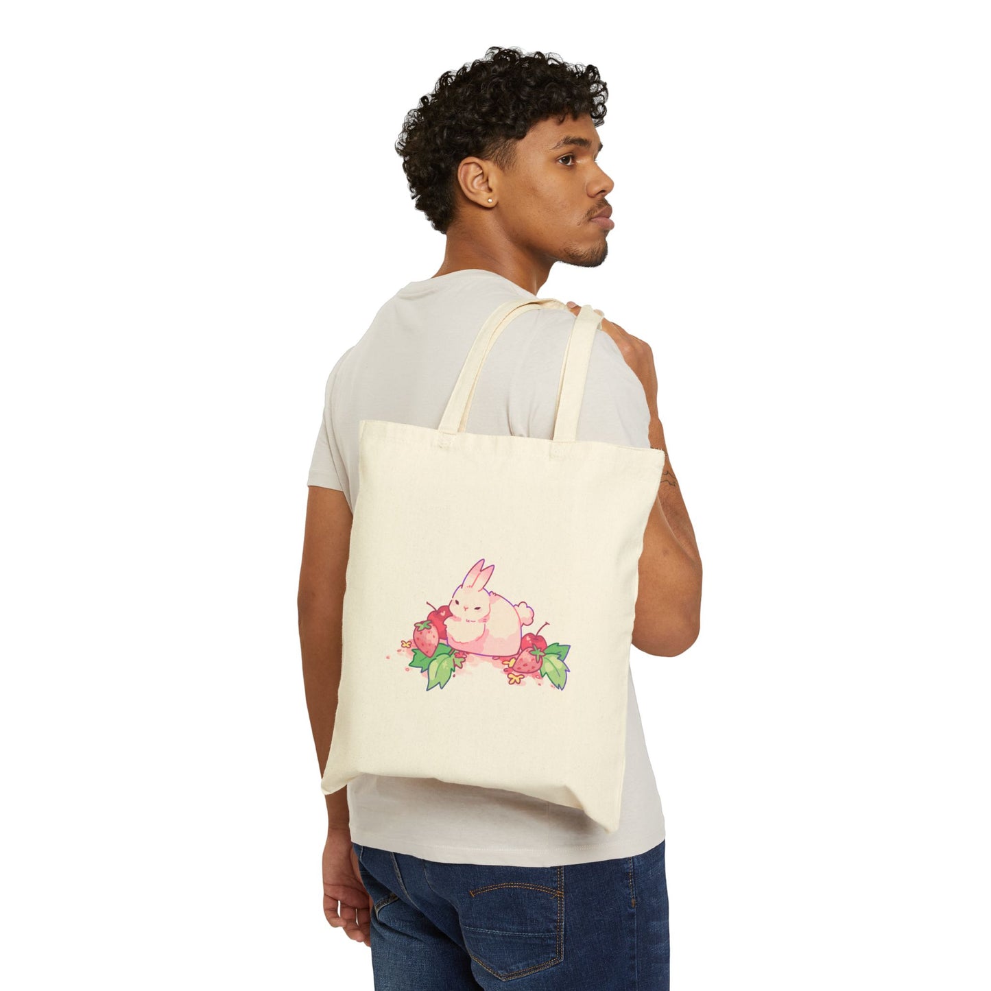 Cute Bunny and Strawberries Canvas Tote Bag - Eco-Friendly Reusable Shopping Bag