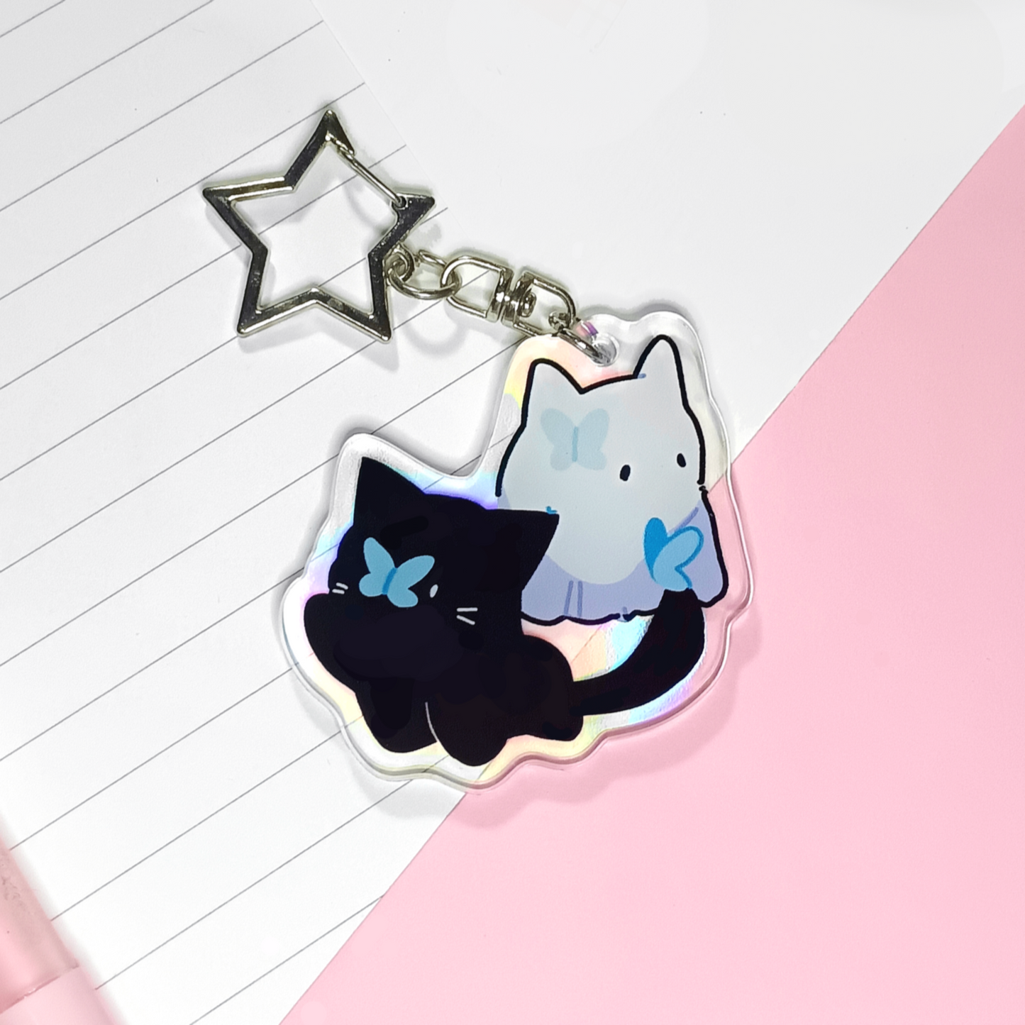 Cat Butterfly Holographic Keychain