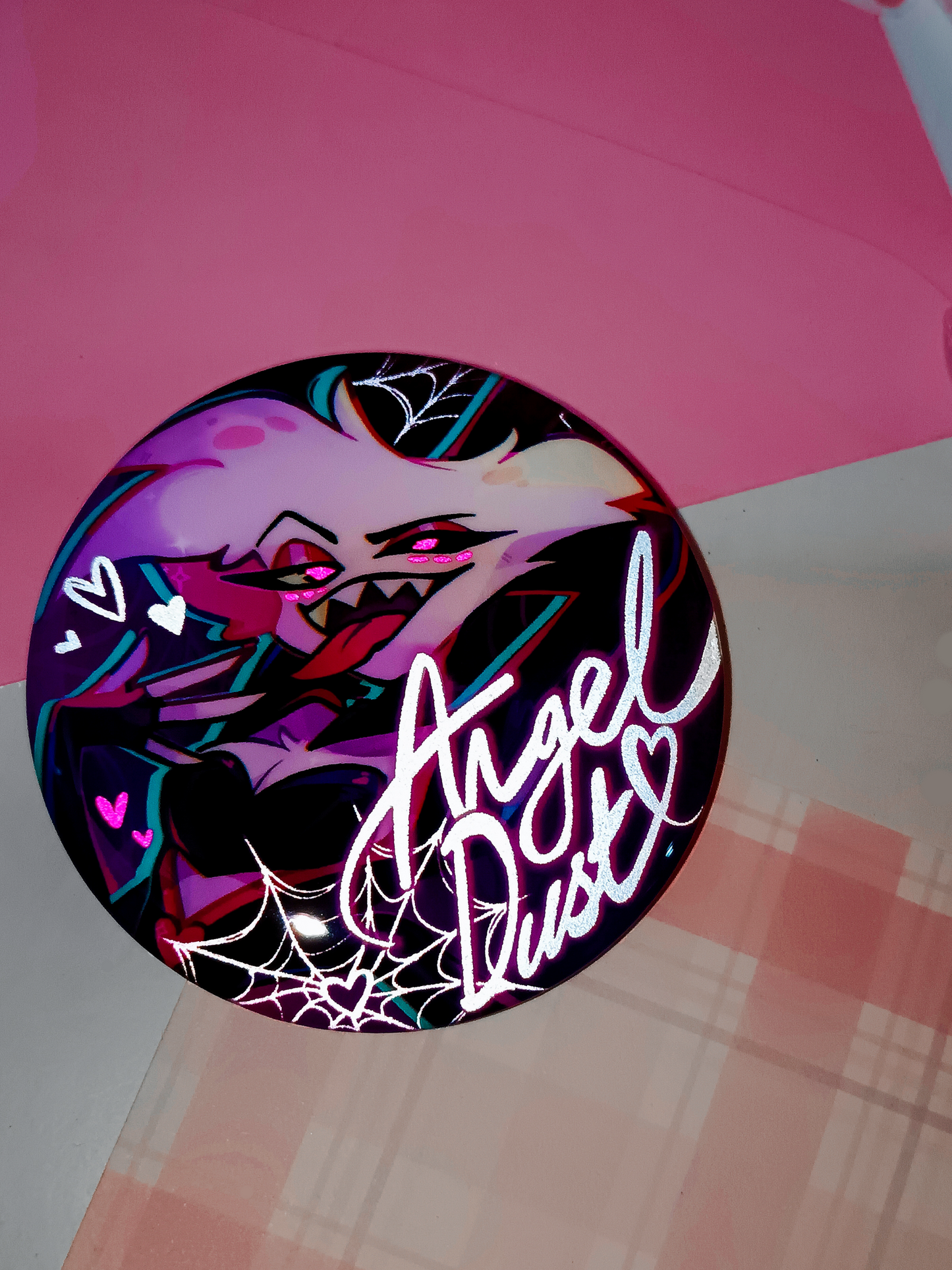 Angel Dust Hazbin Hotel Reflective Badge Reflects light in the dark