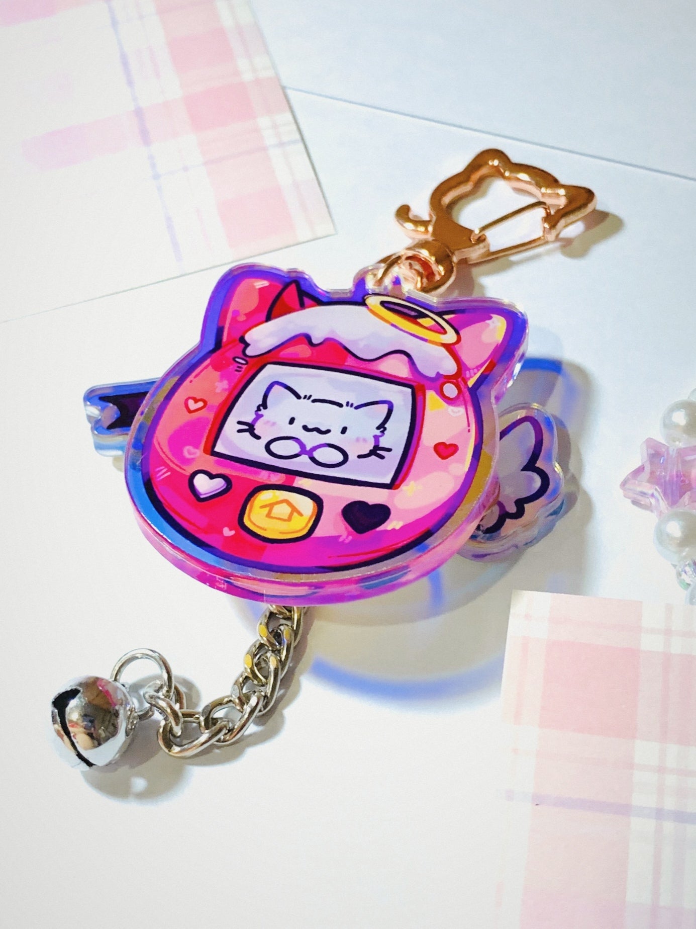 Cat Tamagotchi Angel and Devil Movable Wings Keychain